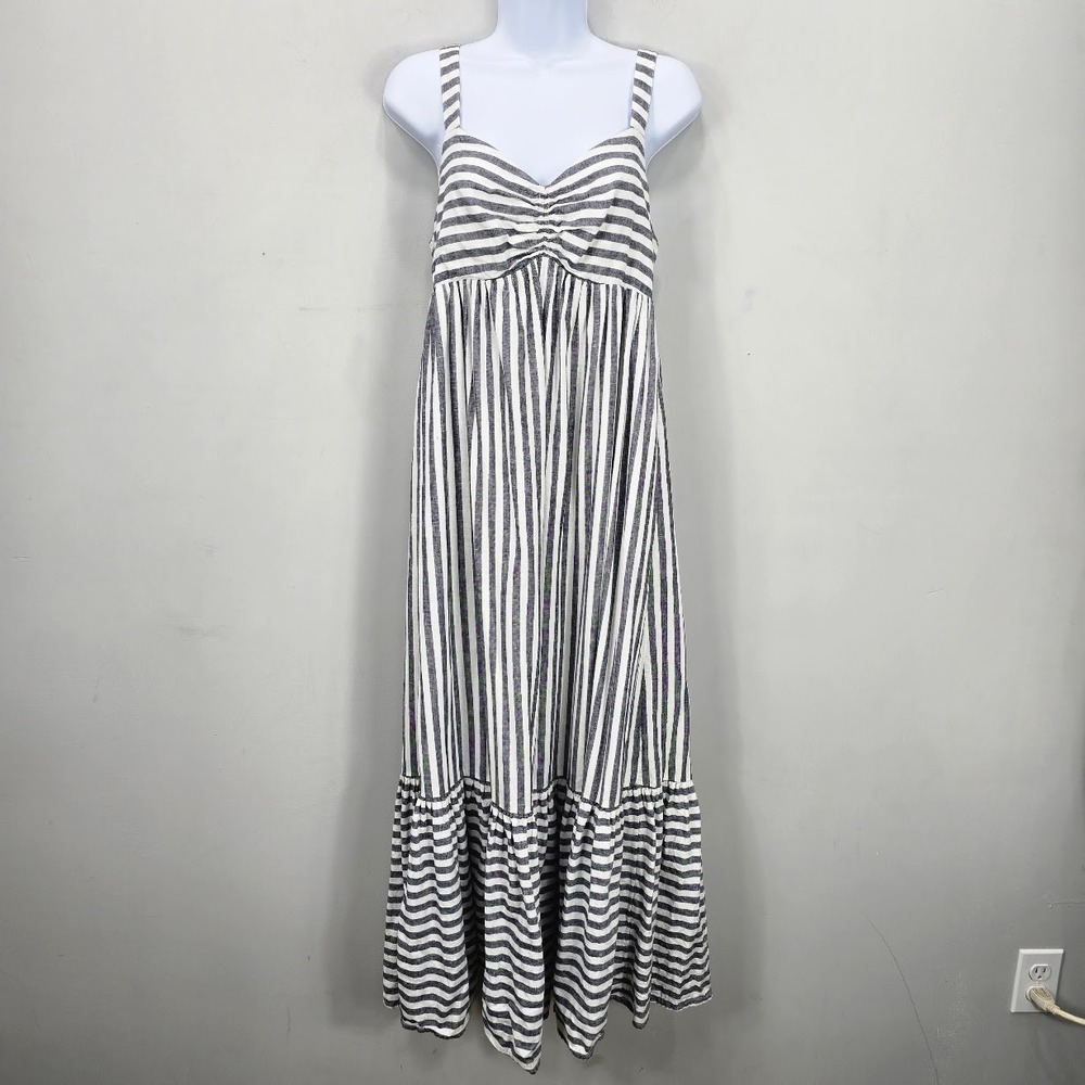 J Crew Babydoll Midi Dress M Striped Linen Blend Sweetheart Tiered Boho Coastal